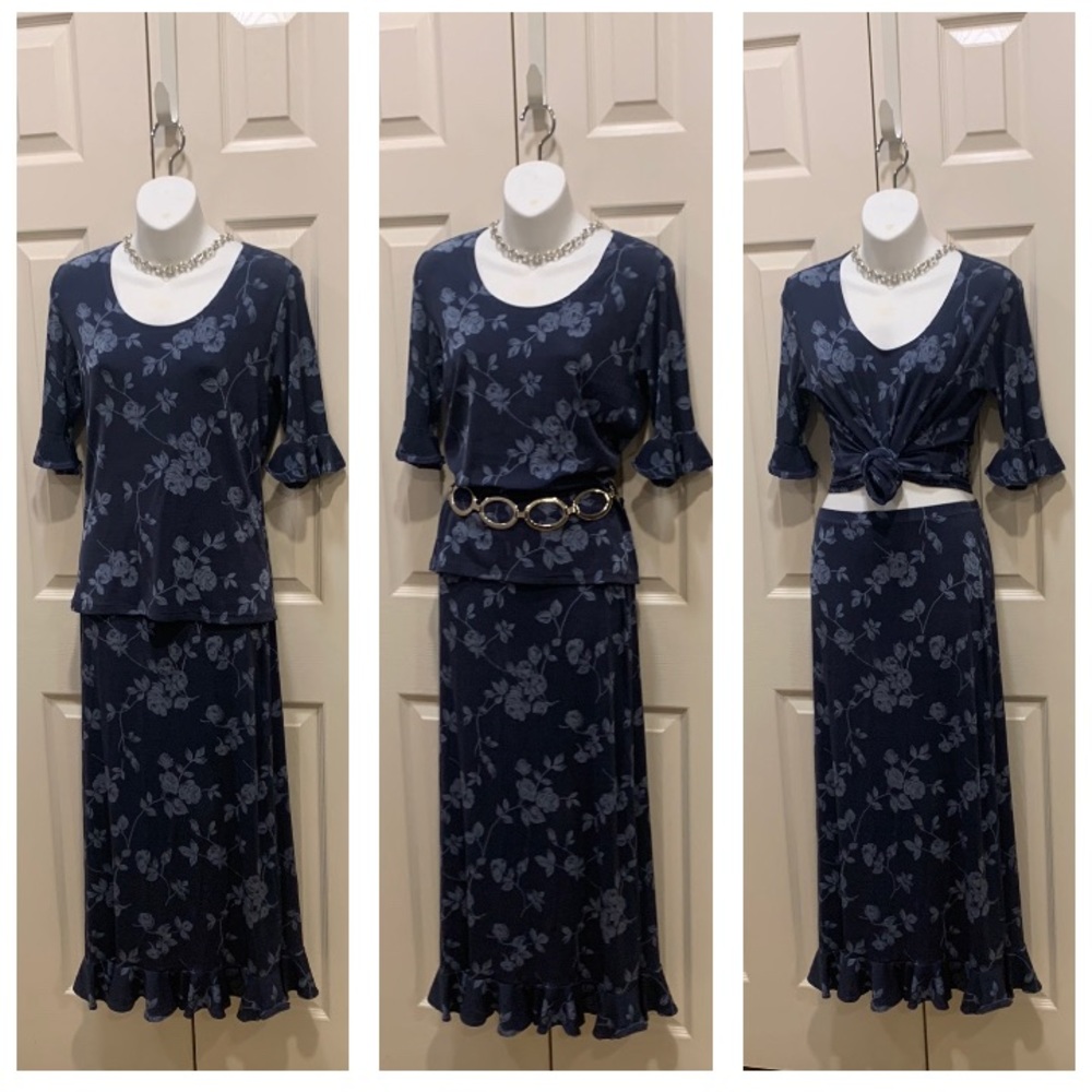 Blue Two-Toned Floral Top and Skirt